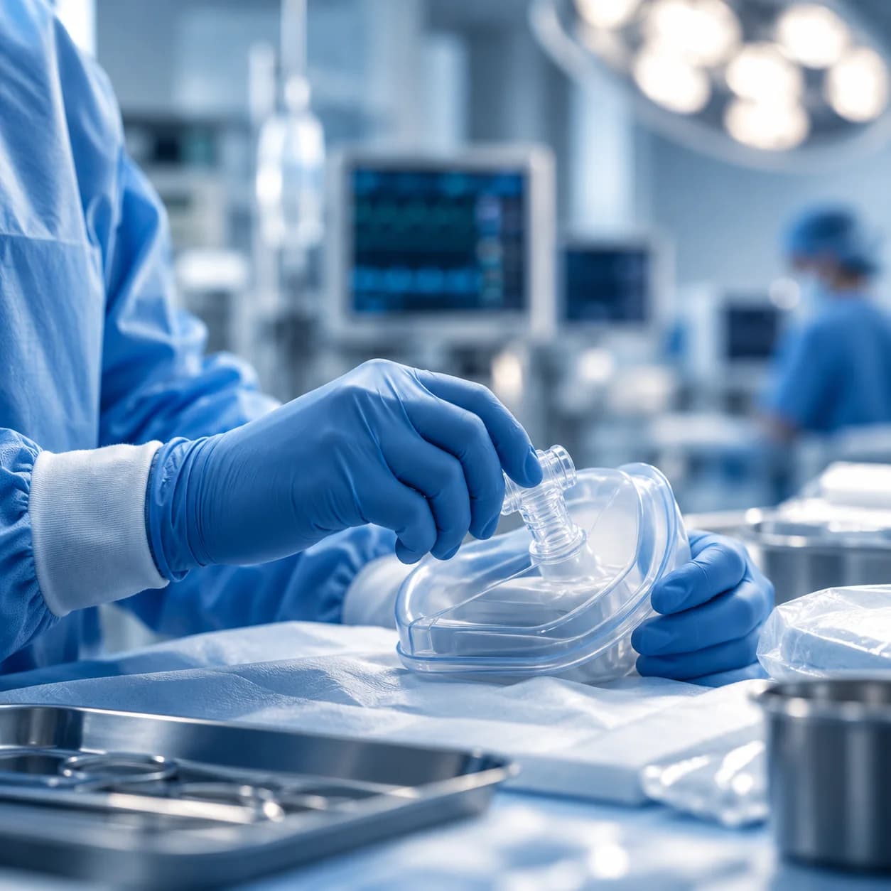 Profissional de saúde com luvas manuseando material hospitalar